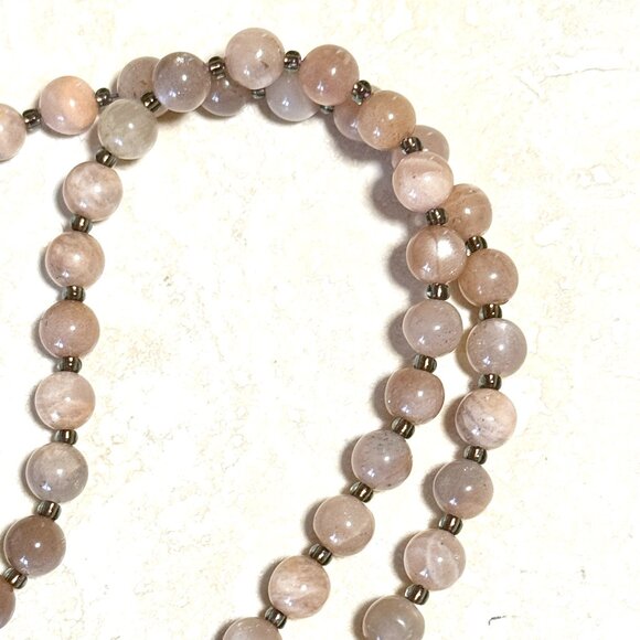 Peach Moonstone Bronze Cat on the Moon Necklace, Genuine Gemstone Beaded Choker - Picture 7 of 14